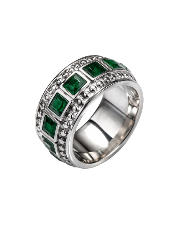 Mens Vintage Baroque Wide Band Ring Beaded Edge Square Cut CZ Gemstone Statement Jewelry for Retro Daily Party Outfit Stainless Steel Silver Plated Green Size 10