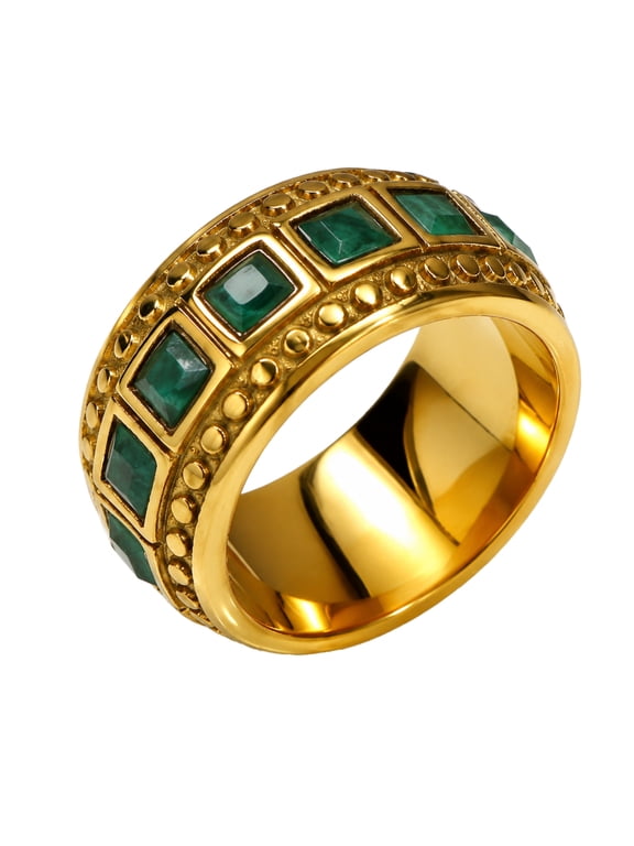 Mens Vintage Baroque Wide Band Ring Beaded Edge Square Cut CZ Gemstone Statement Jewelry for Retro Daily Party Outfit Stainless Steel Gold Plated Green Size 6
