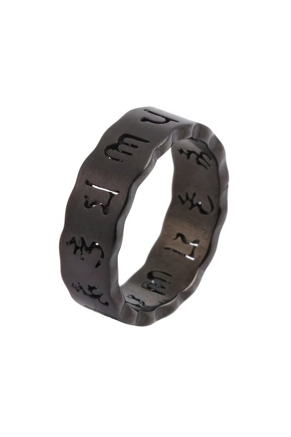 Mens Womens Stainless Steel Hollow Ring Vintage Buddhist The Six Syllable Mantra Om Mani Padme Hum Scriptures Rings Band Black Size 7