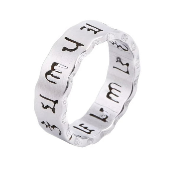 PAMTIER Mens Womens Stainless Steel Hollow Ring Vintage Buddhist The Six Syllable Mantra Om Mani Padme Hum Scriptures Rings Band Silver Size 10