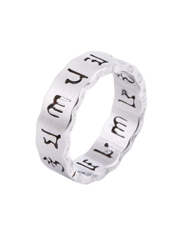 Mens Womens Stainless Steel Hollow Ring Vintage Buddhist The Six Syllable Mantra Om Mani Padme Hum Scriptures Rings Band Silver Size 11