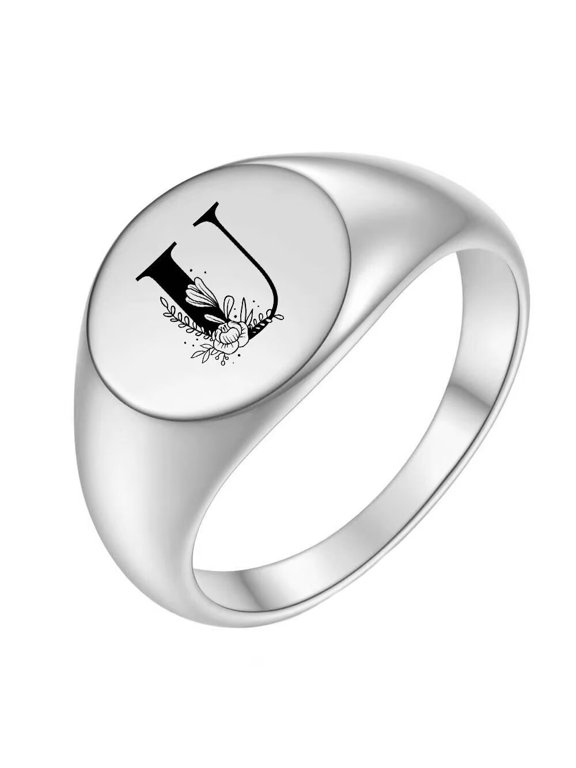 Mens Womens Stainless Steel 12MM Round Simple 26 Initials Alphabet Flower Personality Trend Wedding Rings Silver U Size 5
