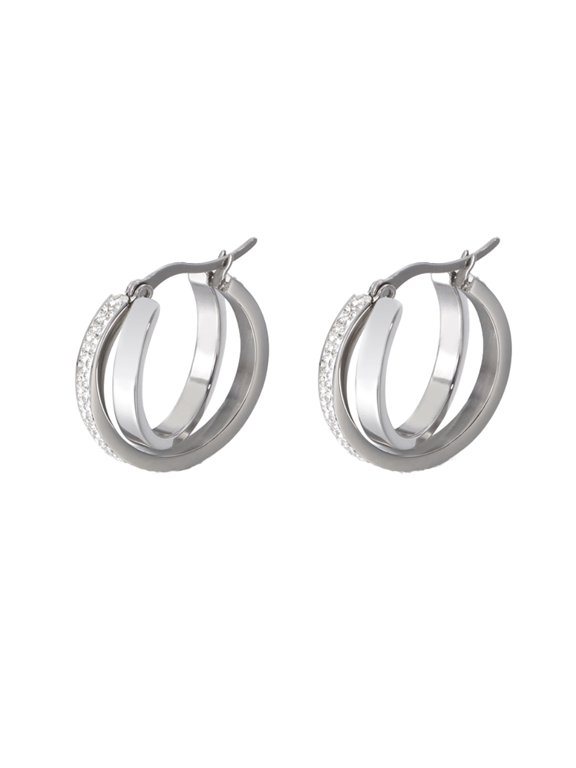 Minimalist Layered Hoop Earrings for Women Geometric Interlocking Stainless Steel Hoops Pave Stone Accents Lightweight Wedding Accessories Plated Silver