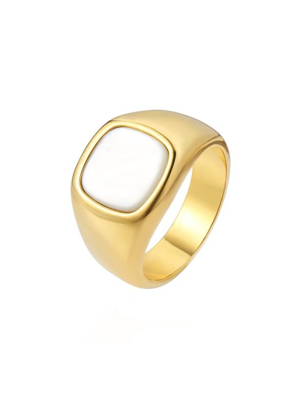 Minimalist Square White Shell Ring for Men Women Polished Stainless Steel Band Geometric Simple Jewelry Gold Size 13
