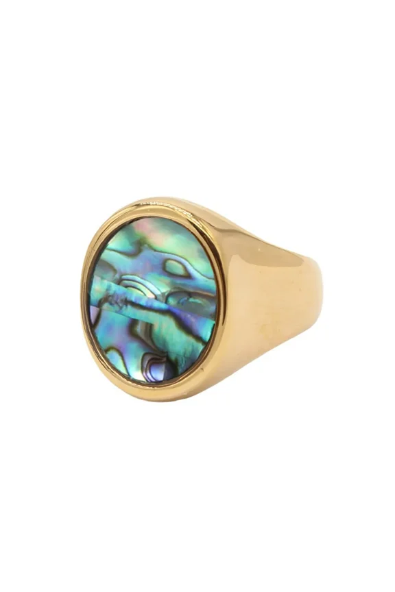 Oval Shell Ring for Men Women Iridescent Abalone Inlay in Gold Stainless Steel Band Unique Natural Jewelry Size 10