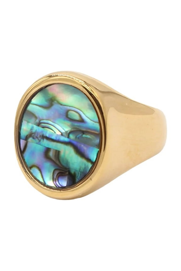 Oval Shell Ring for Men Women Iridescent Abalone Inlay in Gold Stainless Steel Band Unique Natural Jewelry Size 11