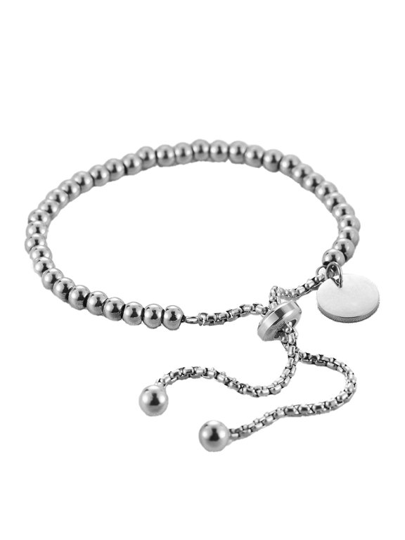 Personalized Bead Slider Bracelet for Women Adjustable Beaded Wristband with Blank Round Tag Stainless Steel Everyday Elegant Accessory Silver Plated