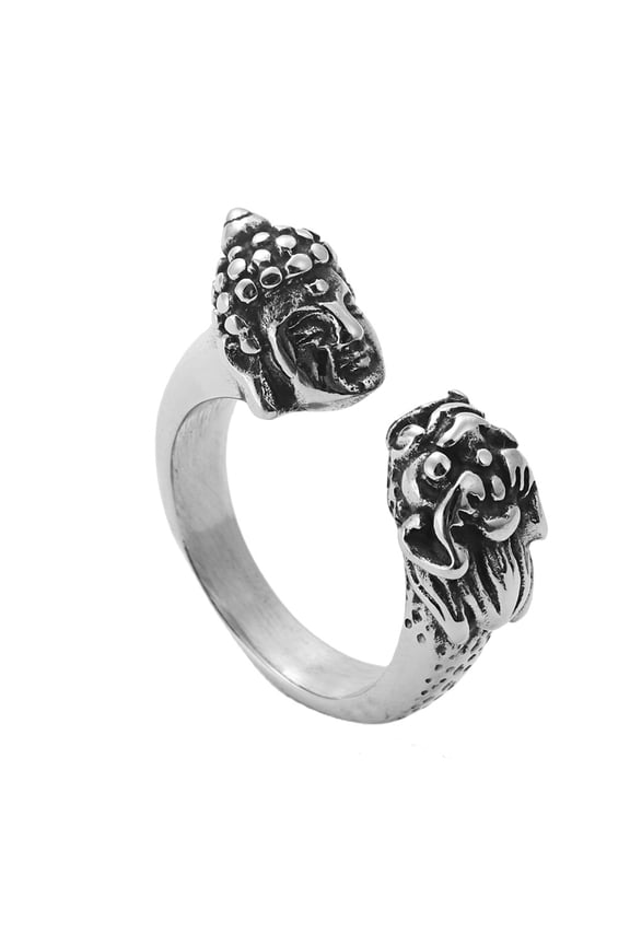 Pixiu Open Ring for Men Women Lucky Feng Shui Rings Stainless Steel Band Symbol of Protection and Fortune Silver Size 10