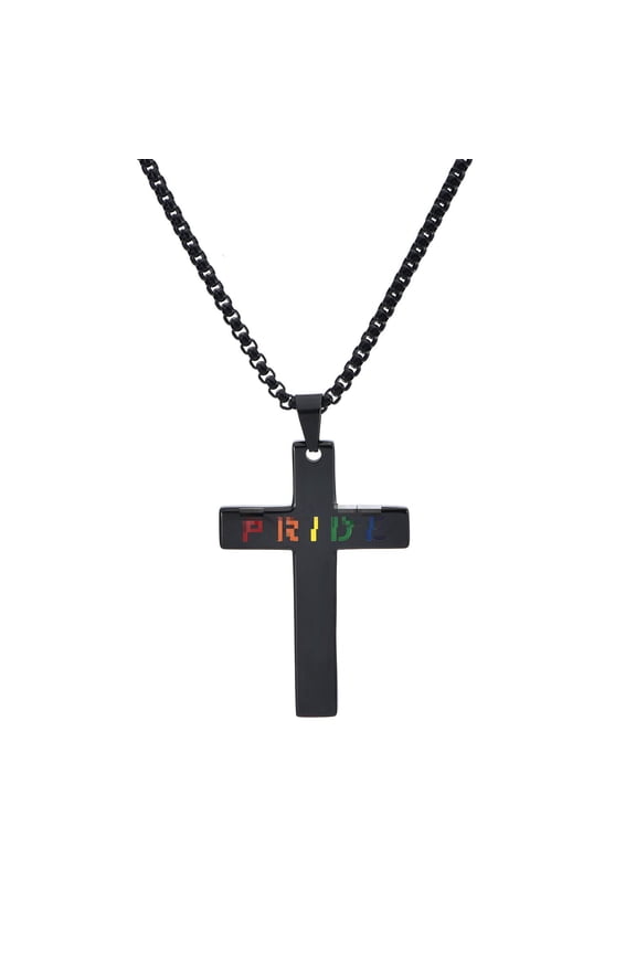 Pride Cross Necklace Gift for LGBTQ+ Loved One Engraved Rainbow Crucifix Pendant Stainless Steel Jewelry for Partner Coming Out or Baptism Gift Faith Love Pendant Black Rainbow No Chain