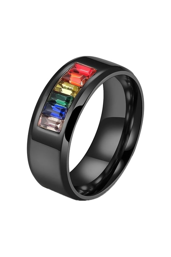 Rainbow Cubic Zirconia LGBT Pride Ring Stainless Steel Enamel Lesbian Gay Bisexual LGBTQ Pride Month Lucky Personalized Statement Wedding Band Black Size 12