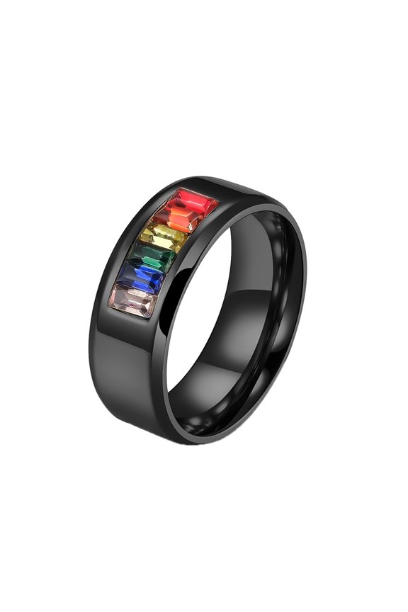 Rainbow Cubic Zirconia LGBT Pride Ring Stainless Steel Enamel Lesbian Gay Bisexual LGBTQ Pride Month Lucky Personalized Statement Wedding Band Black Size 8