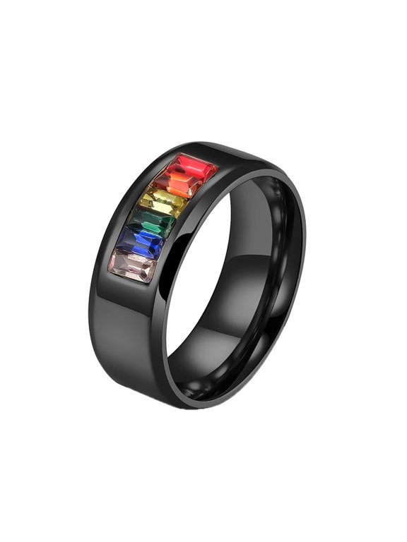 Rainbow Cubic Zirconia LGBT Pride Ring Stainless Steel Enamel Lesbian Gay Bisexual LGBTQ Pride Month Lucky Personalized Statement Wedding Band Black Size 11
