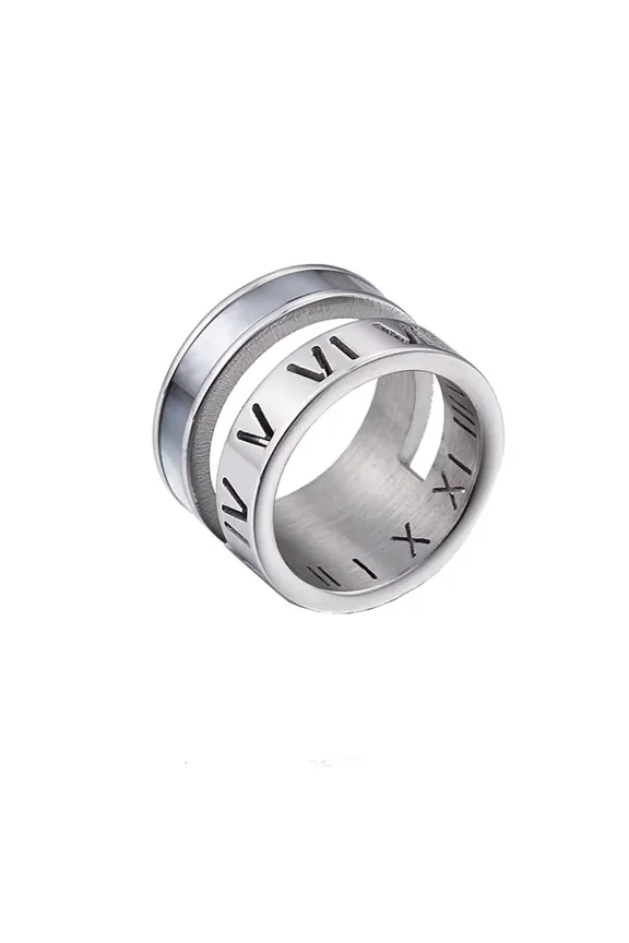 Roman Numeral Ring for Women Wide Stainless Steel Band with Shell-like Inlay Stackable Statement Jewelry Silver Size 6
