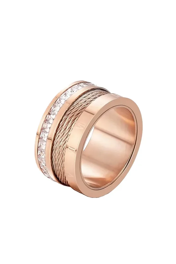 Roman Numeral Wire Wrap Ring for Women Stainless Steel Band with Single Row Zirconia Stackable Statement Jewelry Rose Gold Size 6