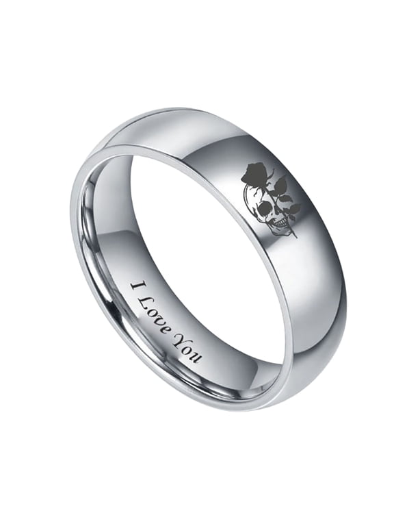 Skull and Rose Promise Rings for Couples Gothic Engraved Stainless Steel Dark Romance Alternative Wedding Lovers Bands Plated Silver 6MM Size 7