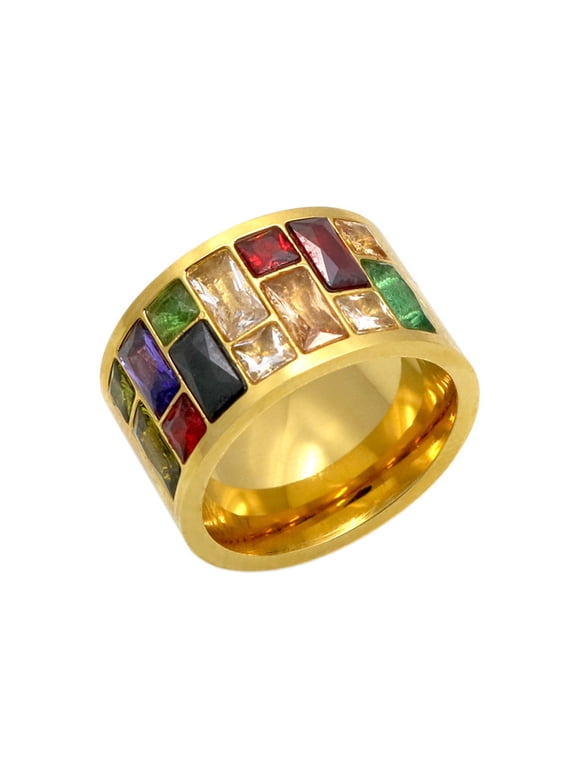 Stackable Stainless Steel Ring for Women Colorful CZ Gemstone Band Unique Everyday Mood Booster Jewelry Gold Size 10