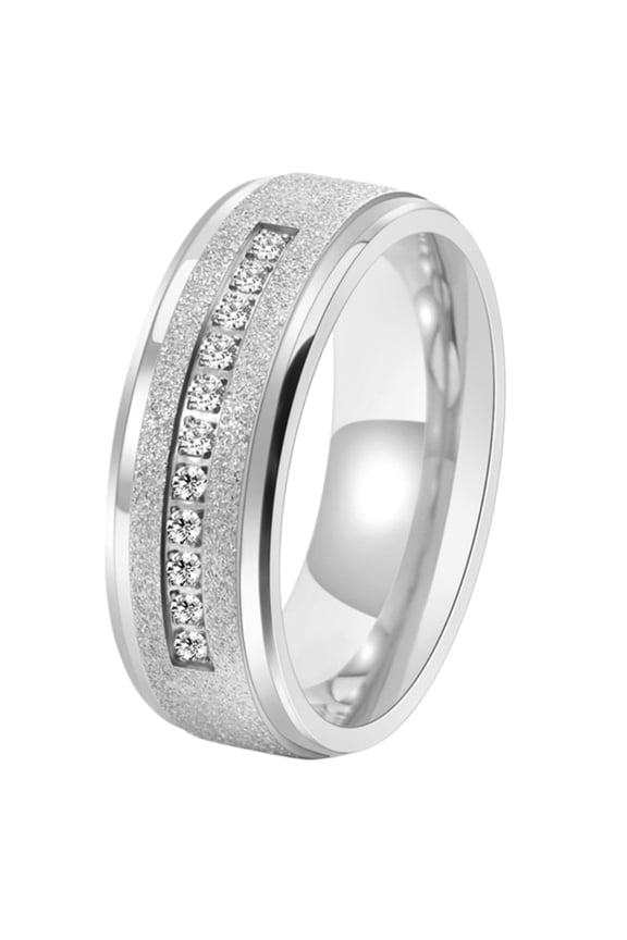 Stainless Steel 8MM Cubic Zirconia Inlay Rings for Men Comfort Fit Sandblast Finish Wedding Promise Band Jewelry Silver Size 11