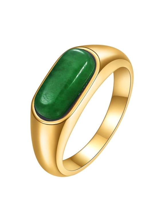 Stainless Steel 8MM Vintage Personality Gemstone Ring for Men Women Gold Green Size 8