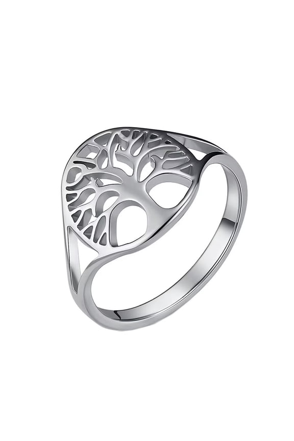 Stainless Steel Anniversary Ring Retro Tree of Life Signet Band Hollow Out Design for Women Silver Size 6