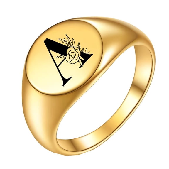 PAMTIER Stainless Steel Creative Oval Flower Initial Alphabet A to Z Ring for Men Women Gold A Size 9