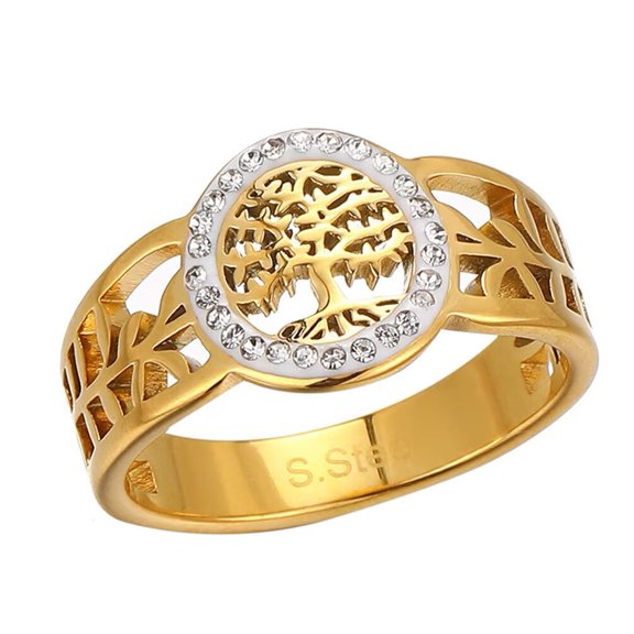 PAMTIER Stainless Steel Cubic Zirconia Hollow Round Tree of Life Ring for Women Gold Size 8
