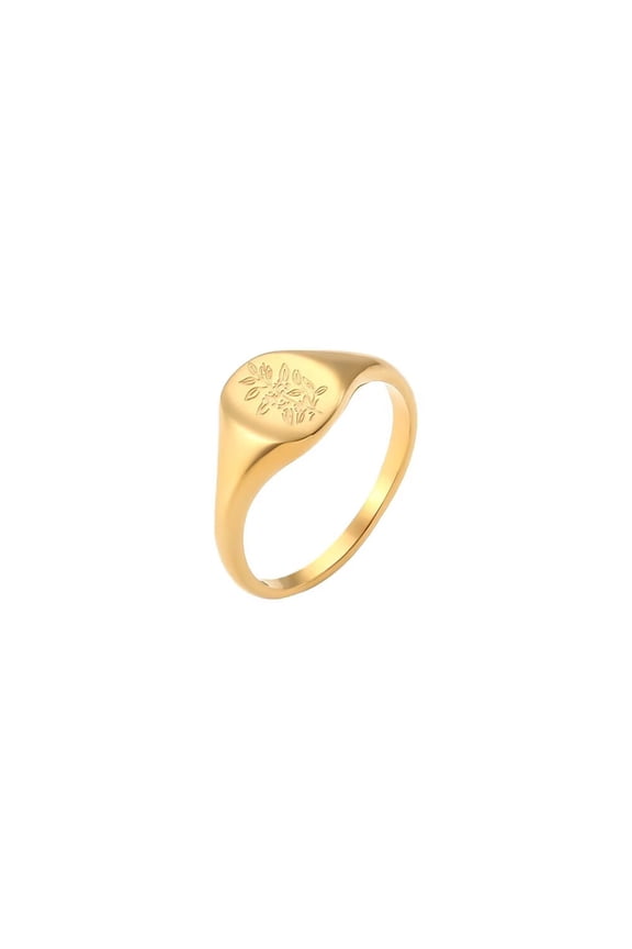 Stainless Steel European and American Style Handmade Engraved Tea Leaves Gold Statement Ring for Womens Ladies Size 5