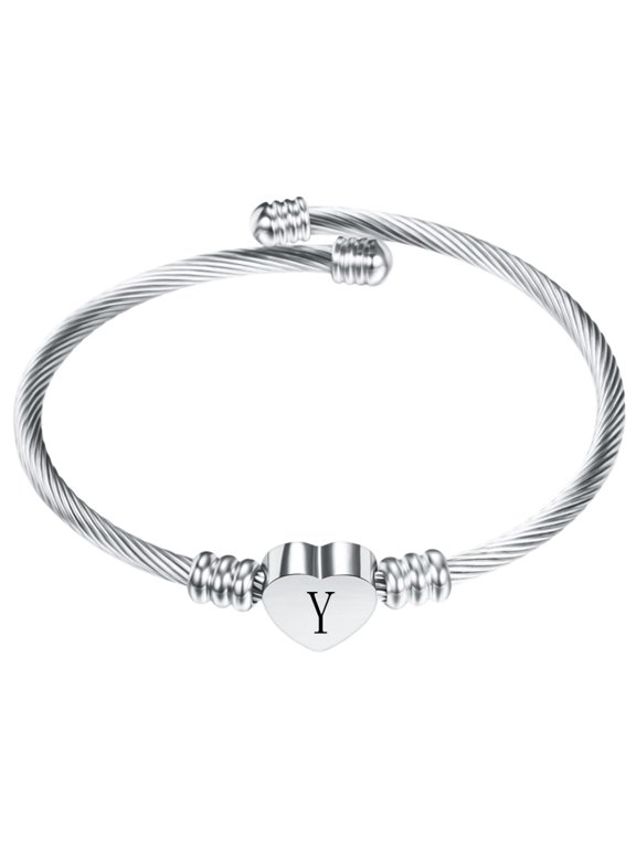 Stainless Steel Heart Initial Letter Open Cuff Charm Bracelets for Women Laser-Engraved Twisted Cable Adjustable Bangles Personalized Creative Custom Wrist Jewelry Silver Plated Y
