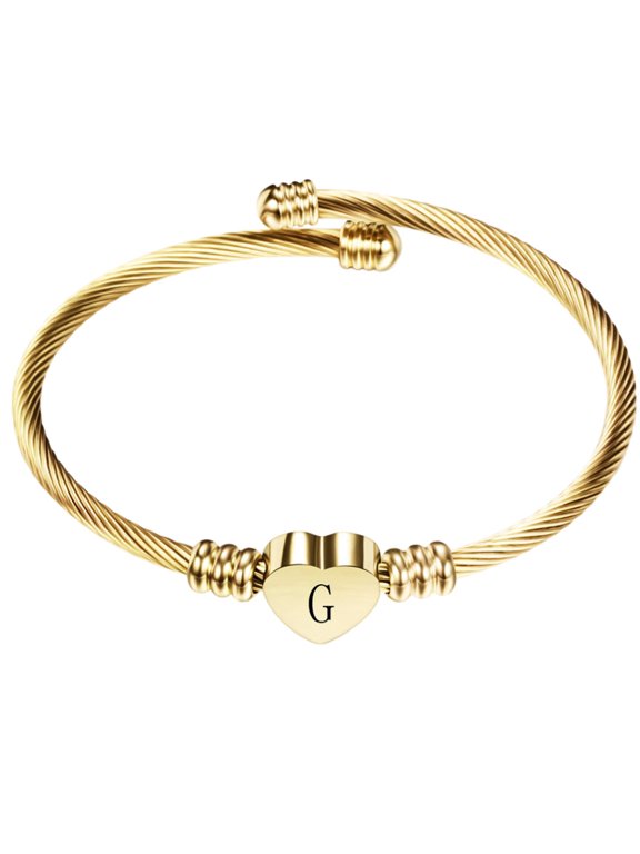 Stainless Steel Heart Initial Letter Open Cuff Charm Bracelets for Women Laser-Engraved Twisted Cable Adjustable Bangles Personalized Creative Custom Wrist Jewelry Gold Plated G
