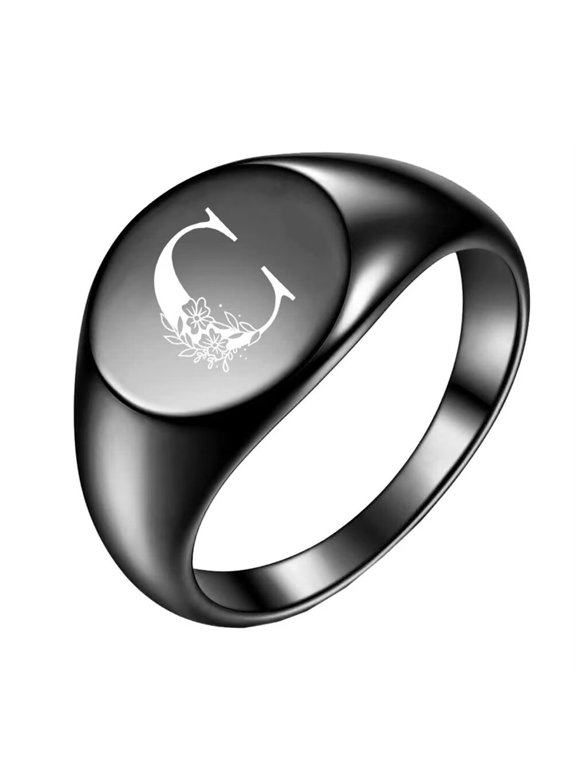 Stainless Steel High Polished Oval Flower Initial Alphabet A to Z Ring for Men Women Black C Size 9