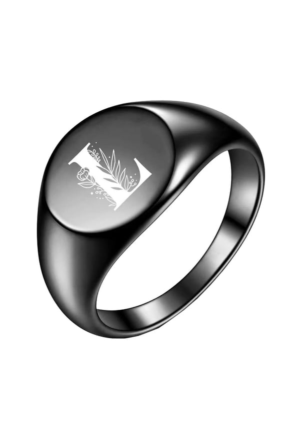 Stainless Steel High Polished Oval Flower Initial Alphabet A to Z Ring for Men Women Black L Size 9
