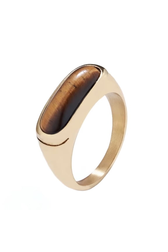 Stainless Steel Individuality Retro Gemstone Ring for Men Women Gold Brown Size 8