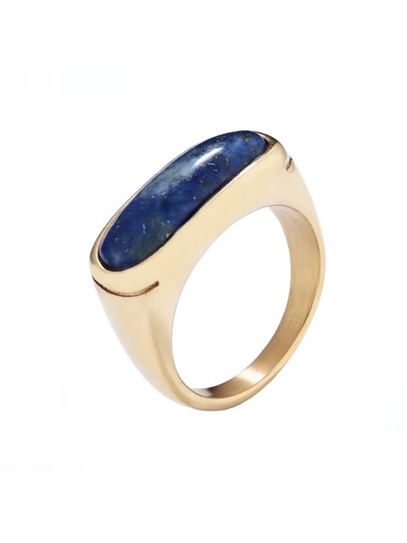 Stainless Steel Individuality Retro Gemstone Ring for Men Women Gold Dark Blue Size 9