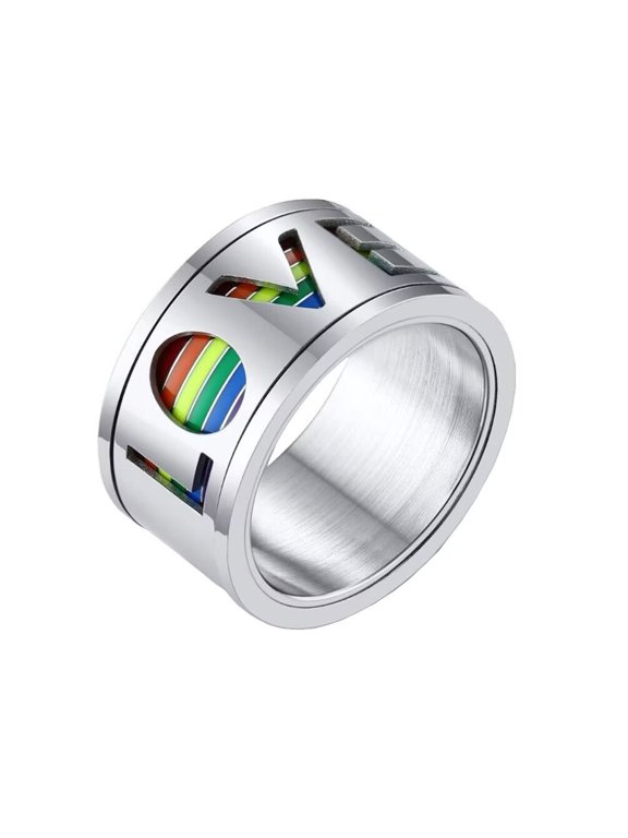 Stainless Steel Love Rotatable Rainbow Flag LGBT Pride Ring for Homosexuality Lesbian & Gay Wedding Engagement Band Silver Size 12