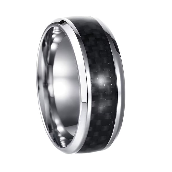 PAMTIER Stainless Steel Personalize Black Carbon Fiber Inlay 8mm Comfort Fit Wedding Band Ring for Men Women Silver Size 13