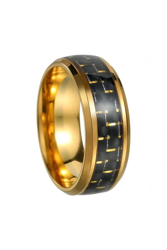 Stainless Steel Personalize Black Gold Carbon Fiber Inlay 8mm Comfort Fit Wedding Band Ring for Men Women Silver Size 7