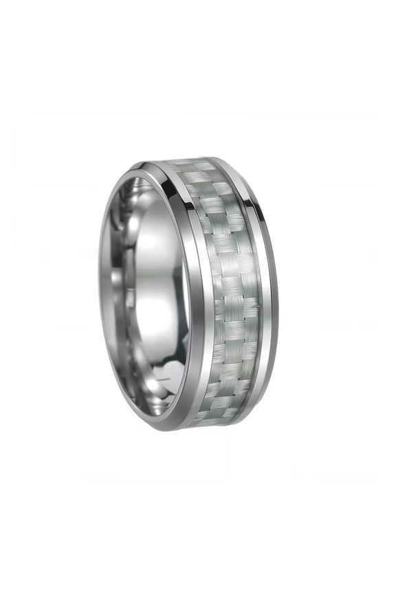 Stainless Steel Personalize White Carbon Fiber Inlay 8mm Comfort Fit Wedding Band Ring for Men Women Silver Size 6