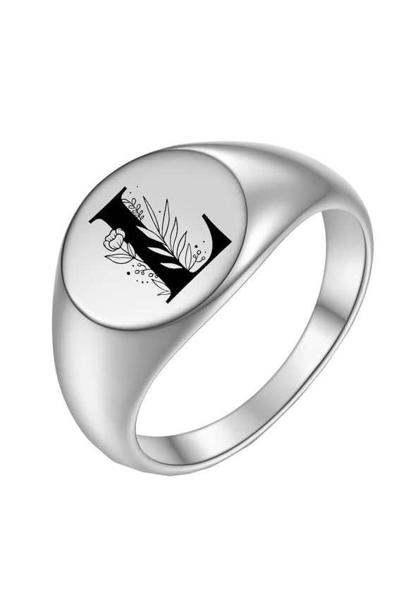 Stainless Steel Personalized Oval Flower Initial Alphabet A to Z Ring for Men Women Silver L Size 9