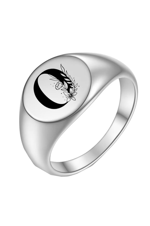 Stainless Steel Personalized Oval Flower Initial Alphabet A to Z Ring for Men Women Silver O Size 5