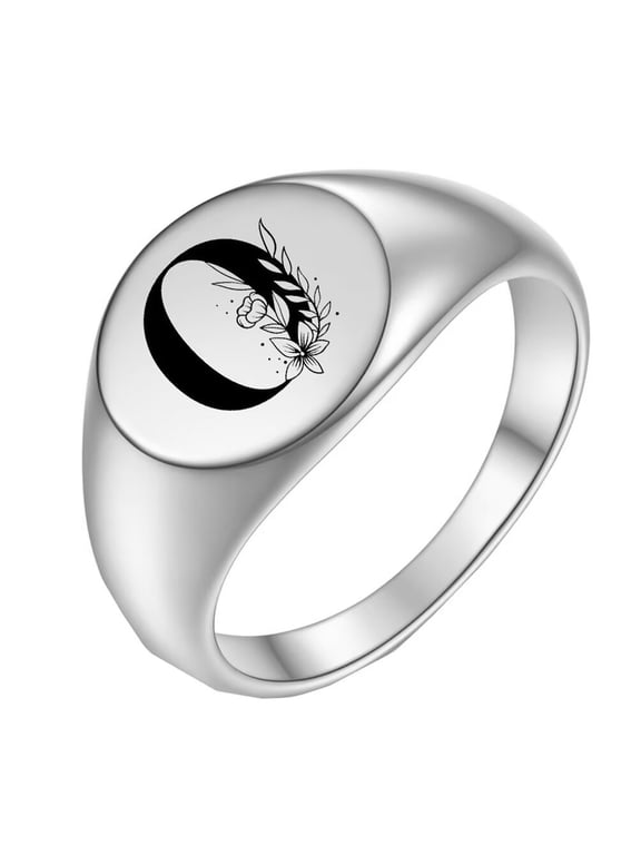 Stainless Steel Personalized Oval Flower Initial Alphabet A to Z Ring for Men Women Silver O Size 9