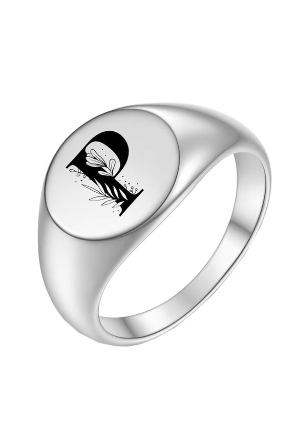 Stainless Steel Personalized Oval Flower Initial Alphabet A to Z Ring for Men Women Silver P Size 5