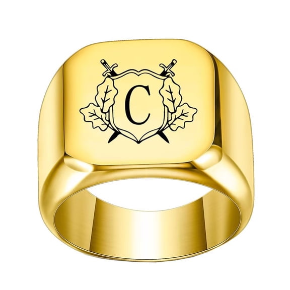 PAMTIER Stainless Steel Personalized Square Initial Alphabet A to Z Ring for Men Women Gold C Size 7