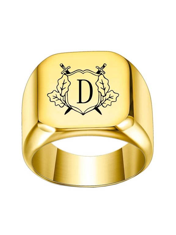 Stainless Steel Personalized Square Initial Alphabet A to Z Ring for Men Women Gold D Size 12