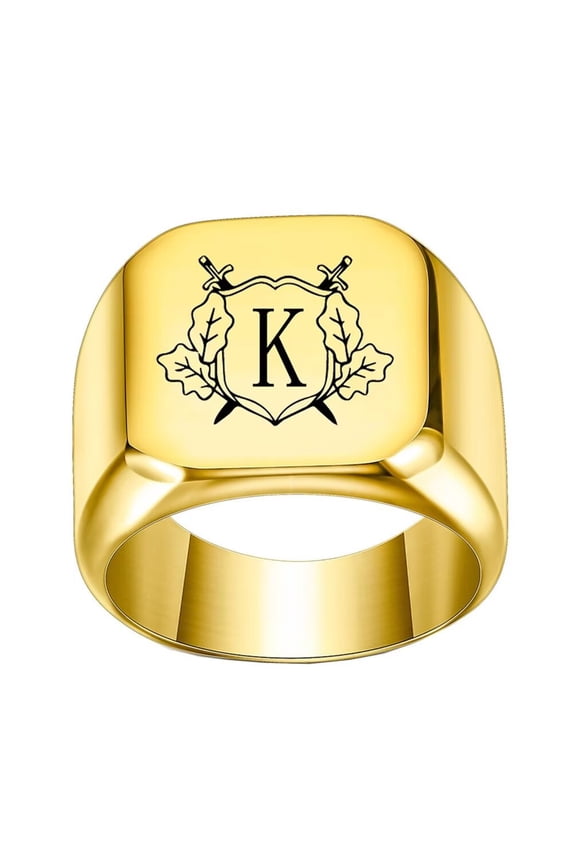 Stainless Steel Personalized Square Initial Alphabet A to Z Ring for Men Women Gold K Size 9