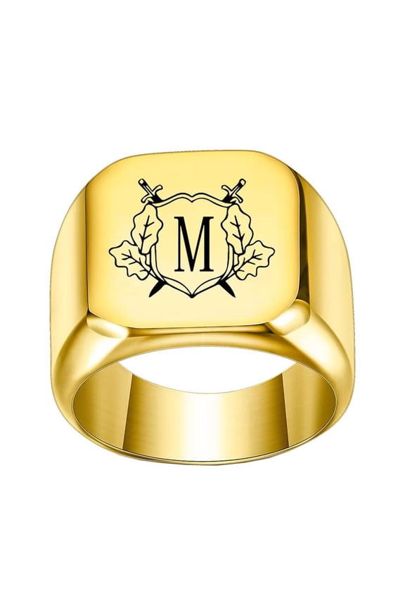 Stainless Steel Personalized Square Initial Alphabet A to Z Ring for Men Women Gold M Size 7
