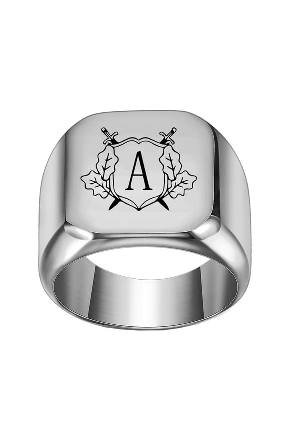 Stainless Steel Personalized Square Initial Alphabet A to Z Ring for Men Women Silver A Size 10