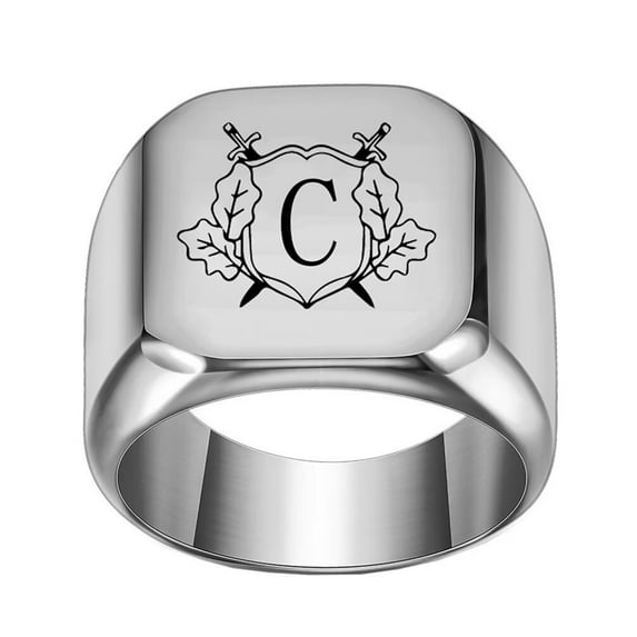 PAMTIER Stainless Steel Personalized Square Initial Alphabet A to Z Ring for Men Women Silver C Size 14