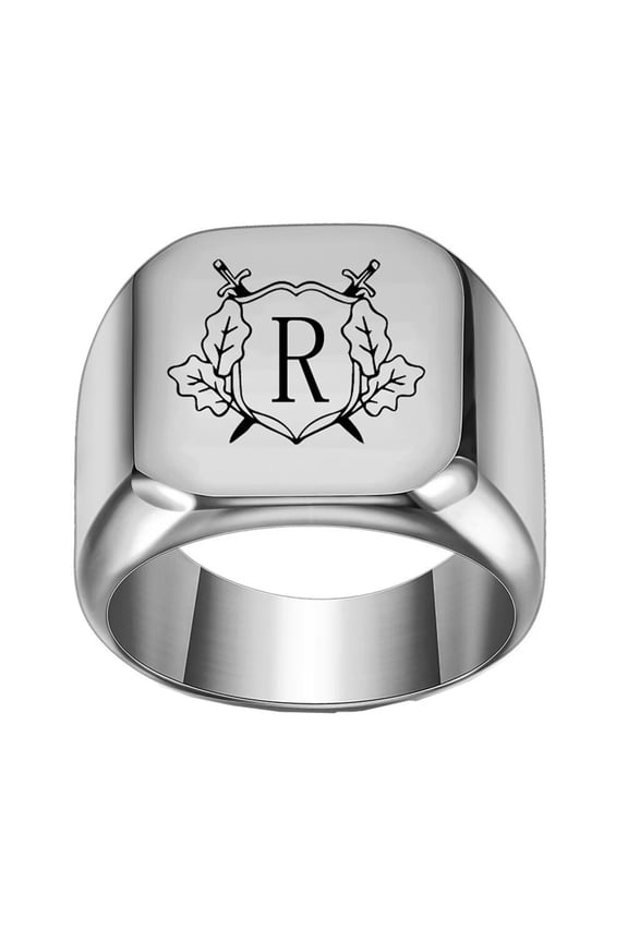 Stainless Steel Personalized Square Initial Alphabet A to Z Ring for Men Women Silver R Size 5