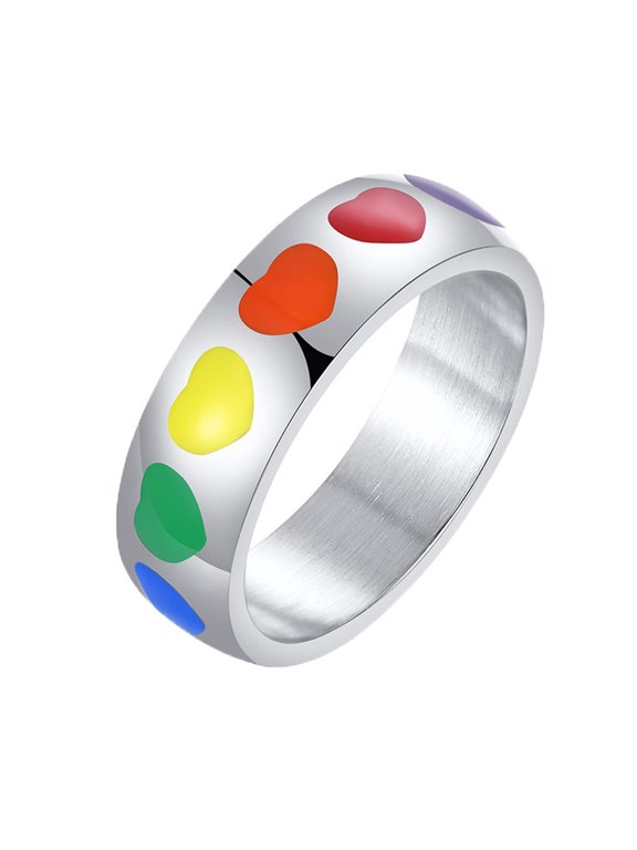 Stainless Steel Rainbow Heart Pride Ring for Men Women, Colorful Enamel LGBT Equality Wide Band, Comfort Fit Love Statement Jewelry Gift Silver Size 11