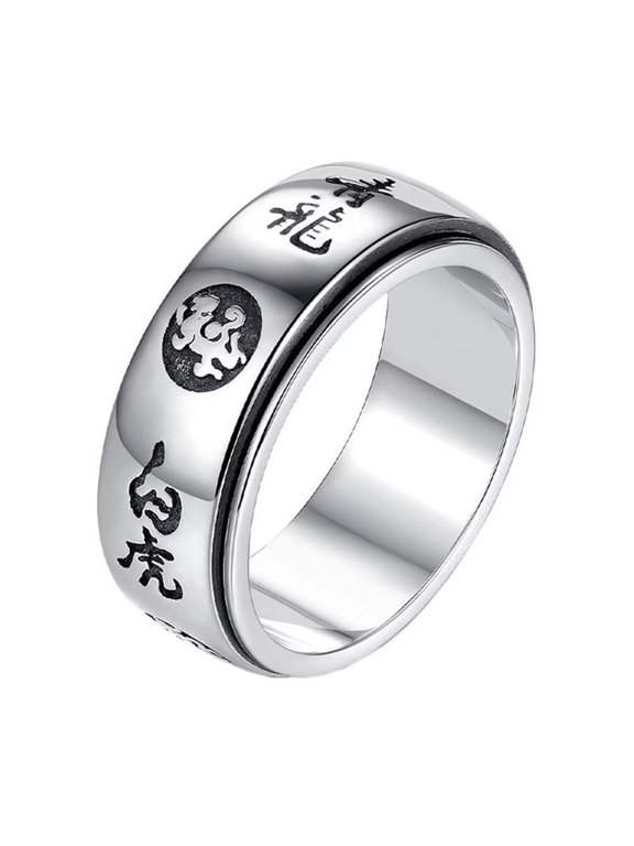Stainless Steel Rotatable Ring for Men Ancient 4 Guardian Beast Dragon White Tiger Suzaku Basalt Amulet Silver Black Size 8