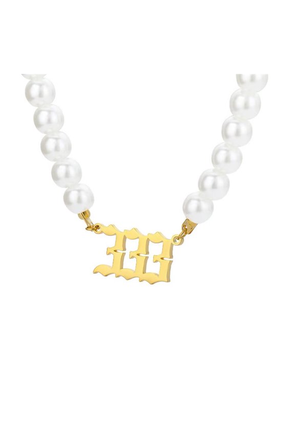 Stainless Steel Simple Angel Number Pendant Necklace Pearls Collarbone Chain for Women Gold 333